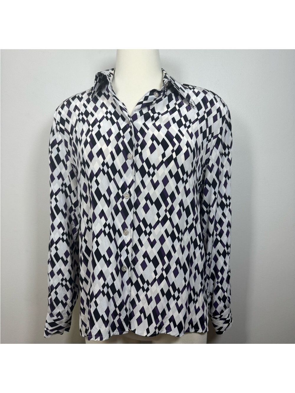 Vintage Silk Purple and White Geometric Women's Button Down Shirt Small